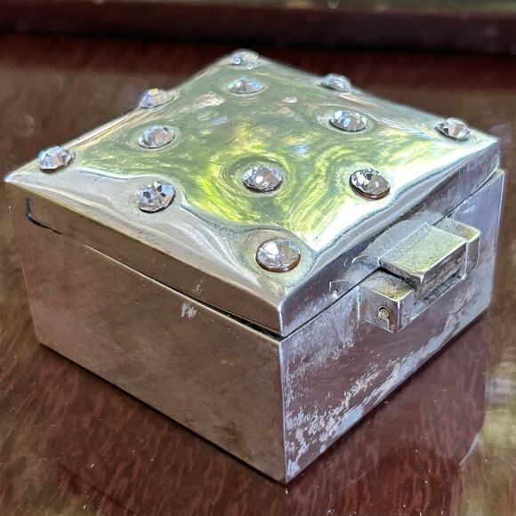 Vintage Silver Plated Rhinestone Studded Trinket Box – 2” Square Jewelry Box - Picture 6 of 13